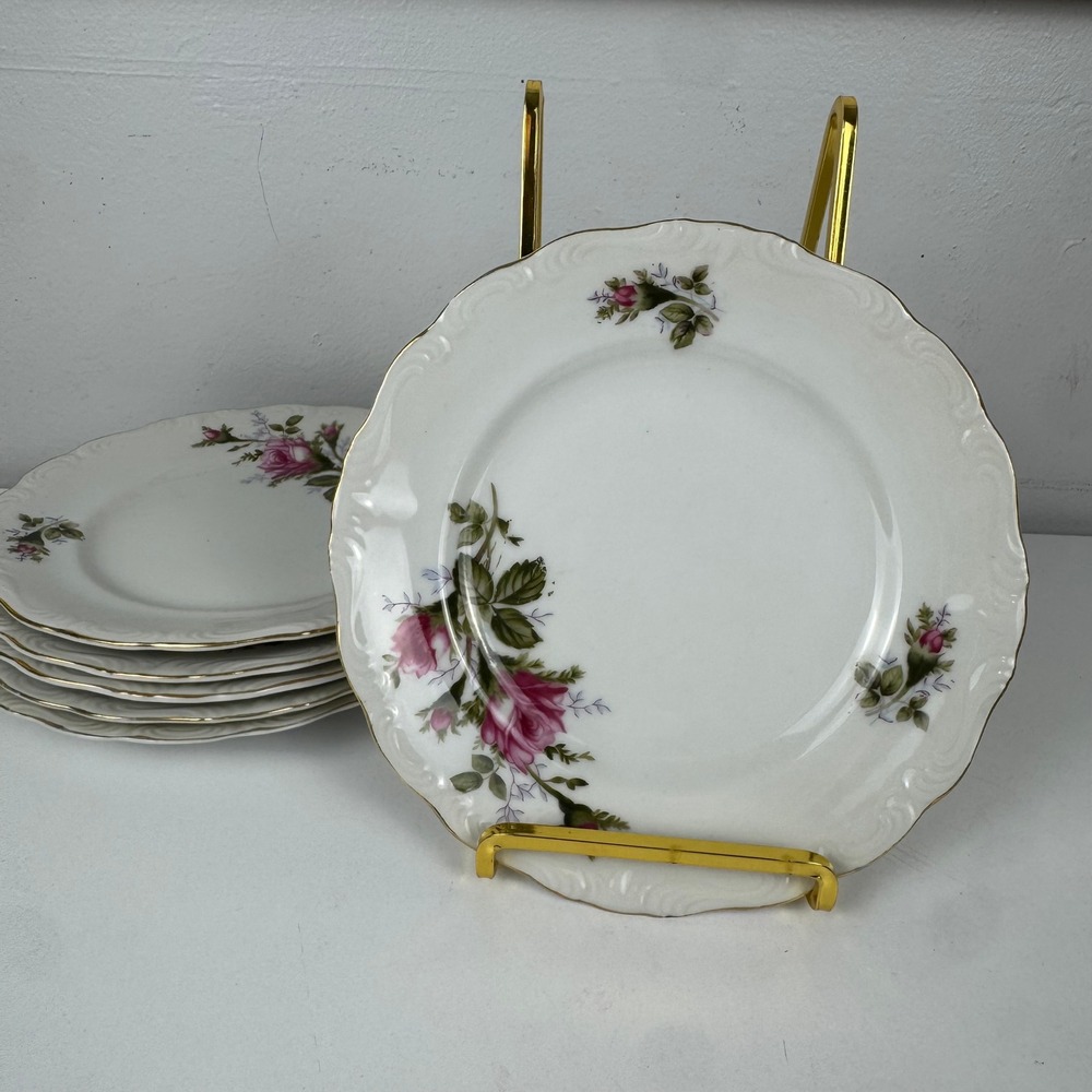 Vintage Japan Porcelain Pink Rose Bread Plates Gold Trim‎ Scalloped Set of 6